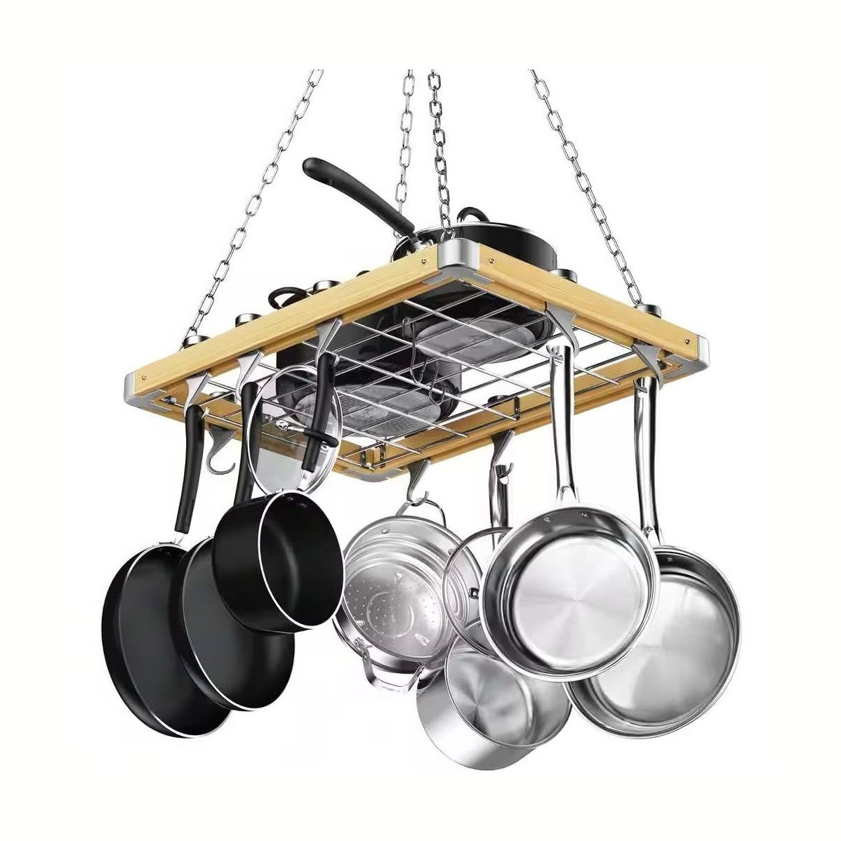 Rectangular Metal Wood Ceiling Mounted Kitchen Pot Rack With Hooks by HomePacific