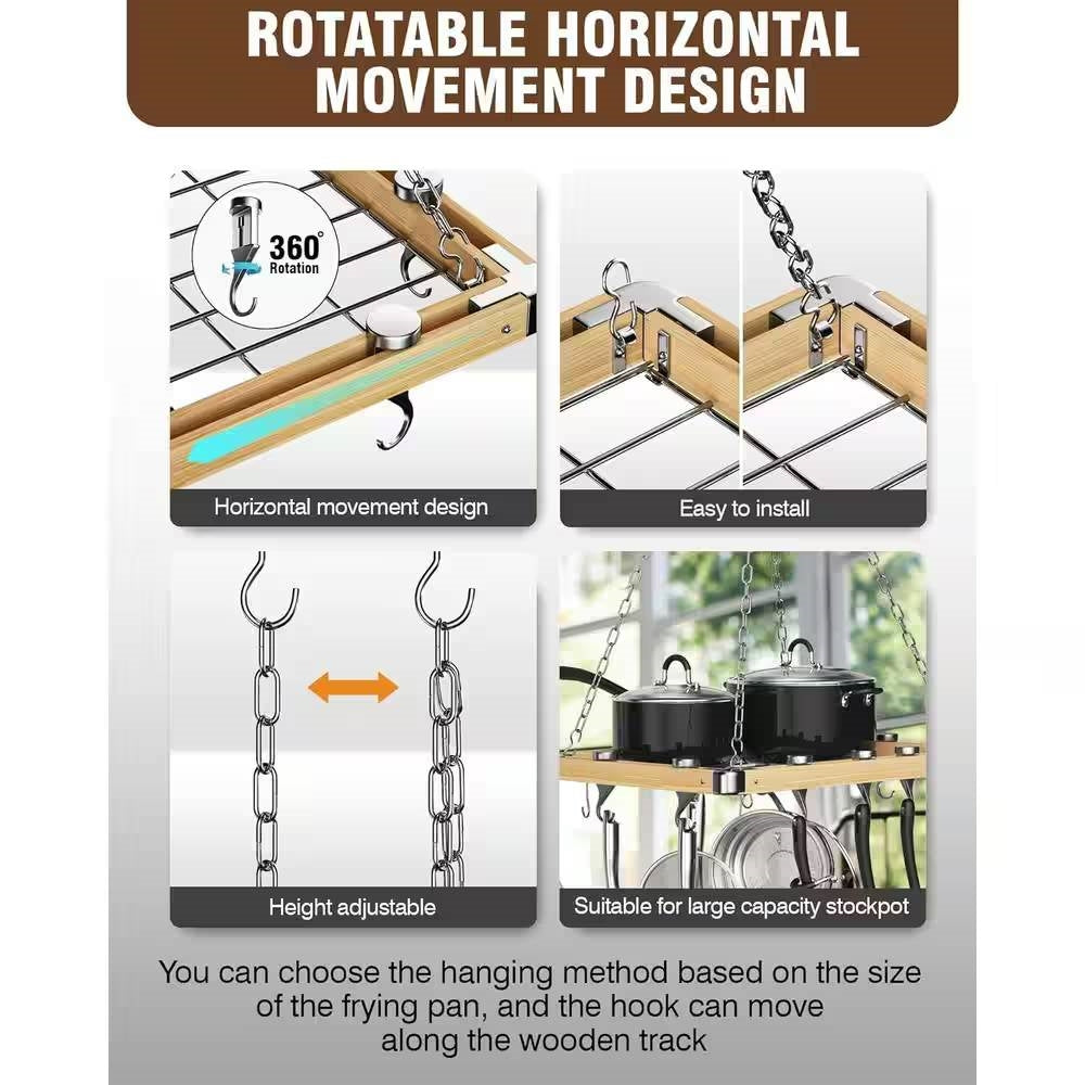 Rectangular Metal Wood Ceiling Mounted Kitchen Pot Rack With Hooks by HomePacific