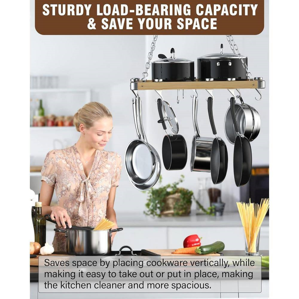 Rectangular Metal Wood Ceiling Mounted Kitchen Pot Rack With Hooks by HomePacific