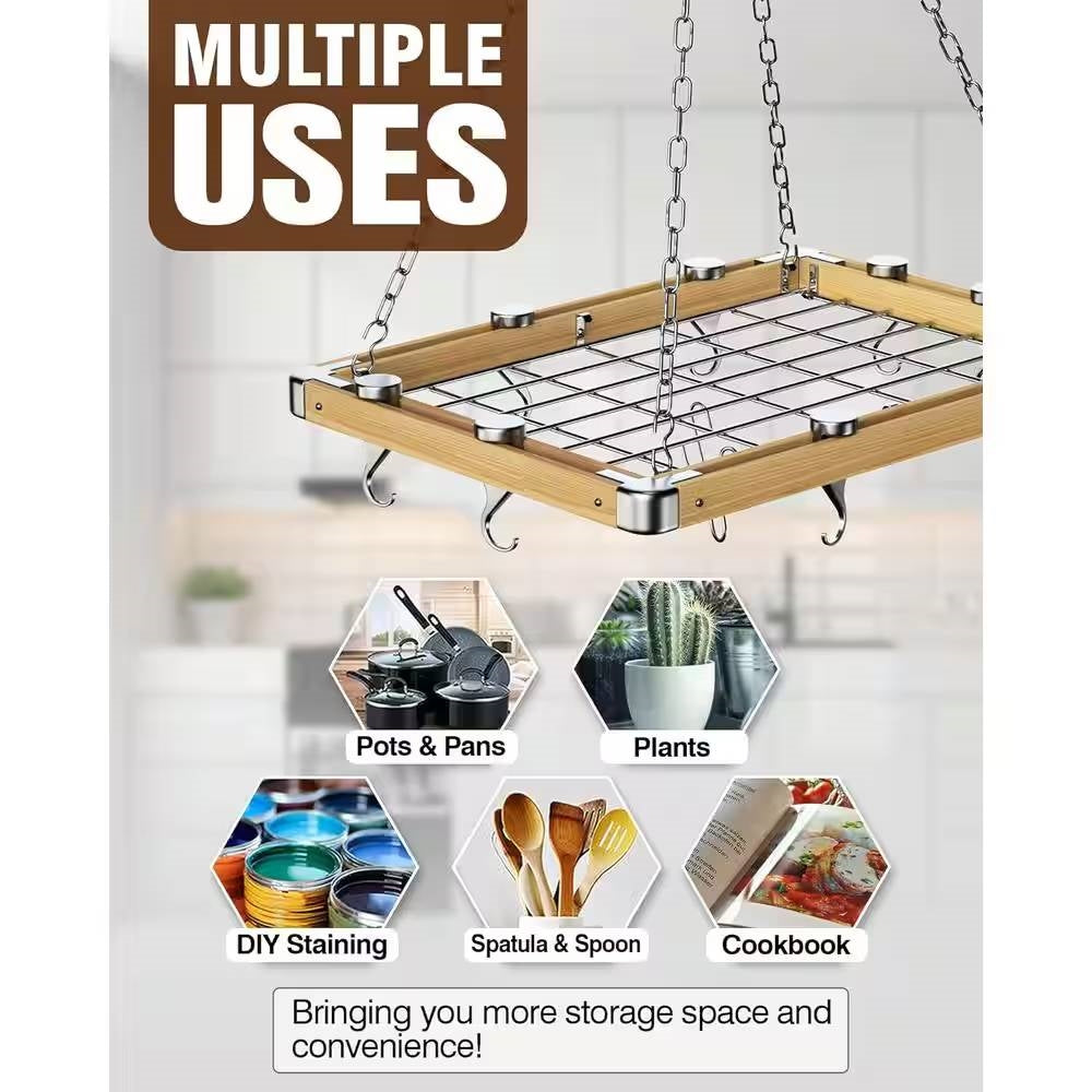 Rectangular Metal Wood Ceiling Mounted Kitchen Pot Rack With Hooks by HomePacific