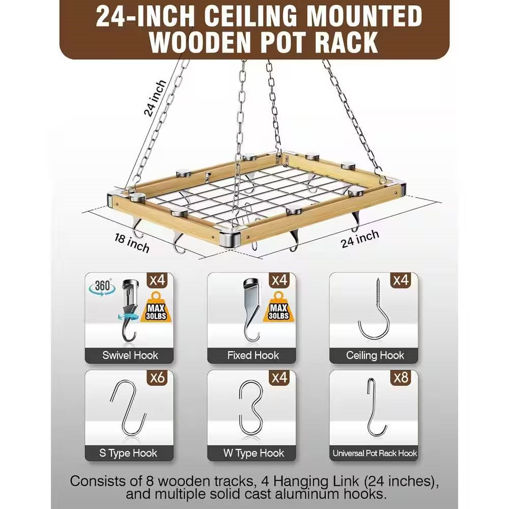 Rectangular Metal Wood Ceiling Mounted Kitchen Pot Rack With Hooks by HomePacific