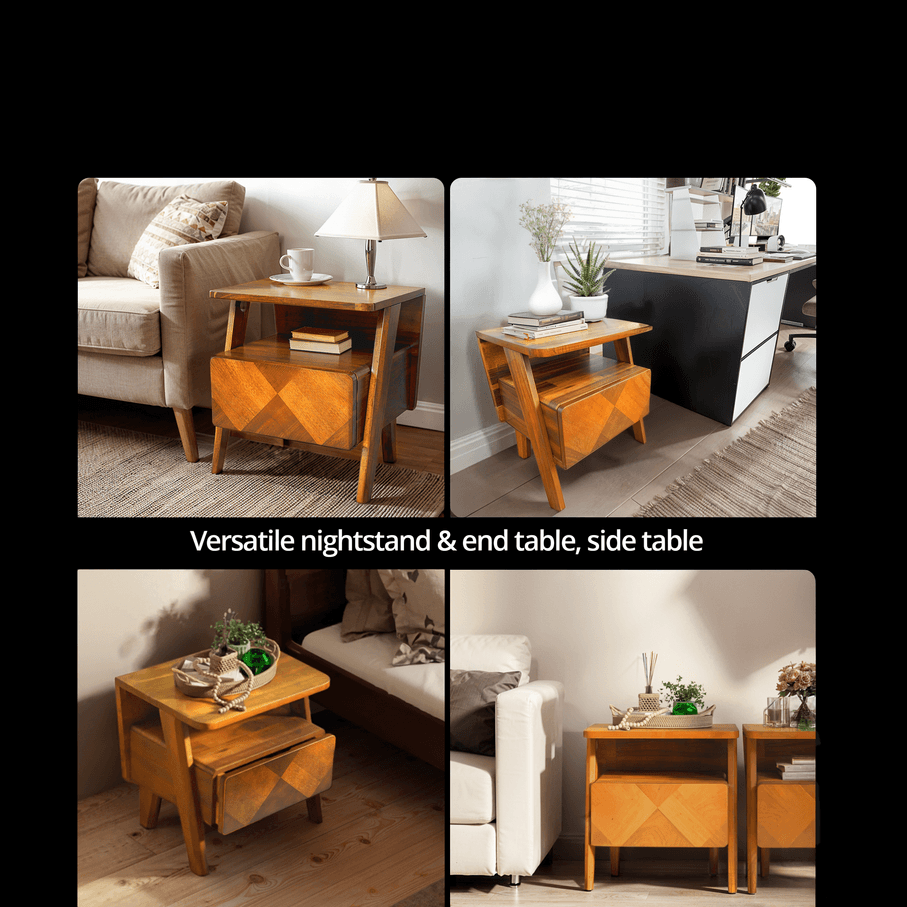 Rum Handcrafted Solid Wood Nightstand