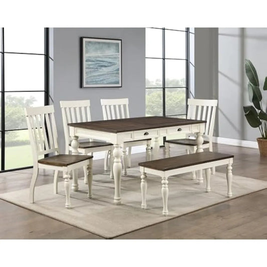 Furniture Joanna 6pc Dining Table Set, 60-Inc 4 Drawer Dining Table, 4 Side Chairs and 44" Bench, Farmhouse Design, Lift Top Be