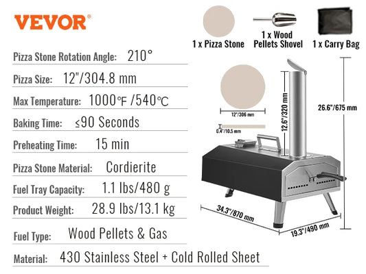 SucceBuy 12" Portable Pizza Oven Wood Fired Food Grade Stainless Steel BBQ Picnics Baking Pizza Burner for Backyard Camping