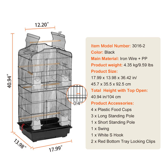 SucceBuy Open Top Large Parrot Bird Cage Hanging Bird Cage for Kinds of Birds Travel Pet Flight Birdcage with Swing and Perch