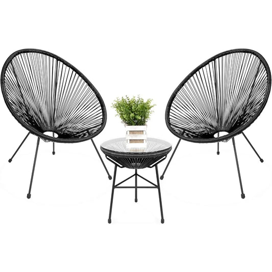 3-Piece Outdoor Acapulco All-Weather Patio Conversation Bistro Set w/Plastic Rope, Glass Top Table and 2 Chairs - Black