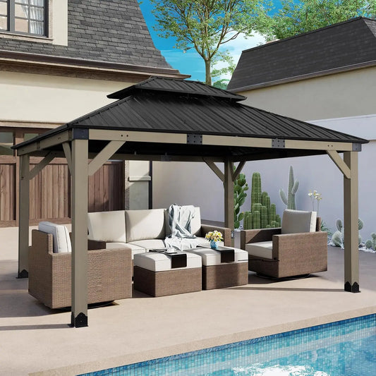 12x14 Ft Wooden Frame Gazebo With Galvanized Hardtop Roof