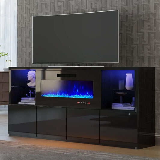 68" Fireplace TV Stand with 40" Fireplace, Modern High Gloss Fireplace Entertainment Center with LED Lights for TVs up to 78",