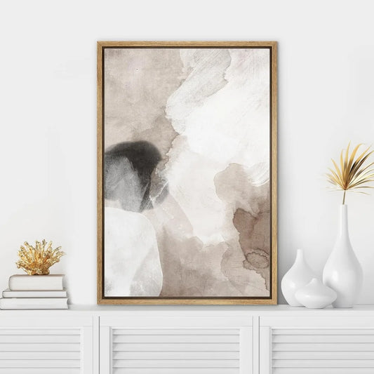 Framed Canvas Wall Art - Pastel Watercolor Abstract Shapes, Modern Minimalist Gray Art for Living Spaces