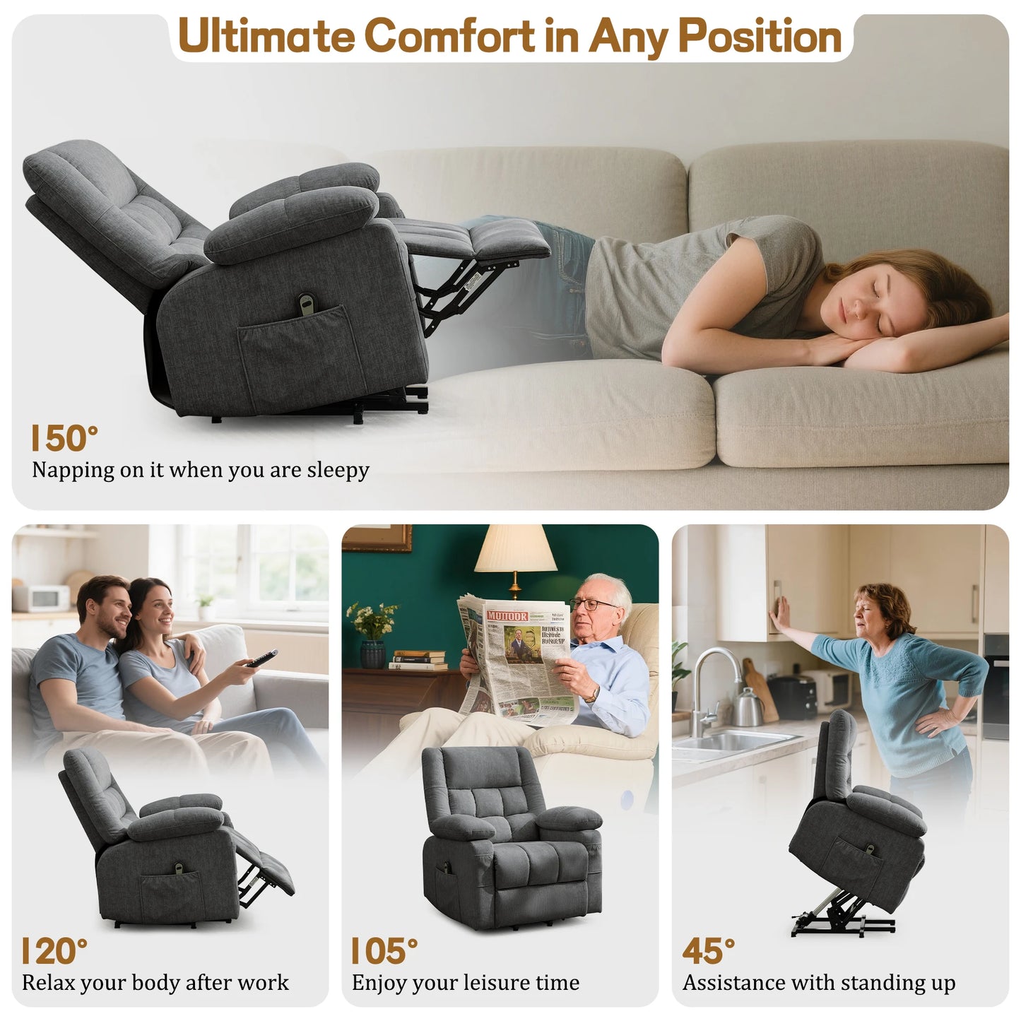 Luxury Power Lift Recliner for Elderly, Electric Recliner Chairs with Massage and Heat, Extra Wide Recliner，Living Room