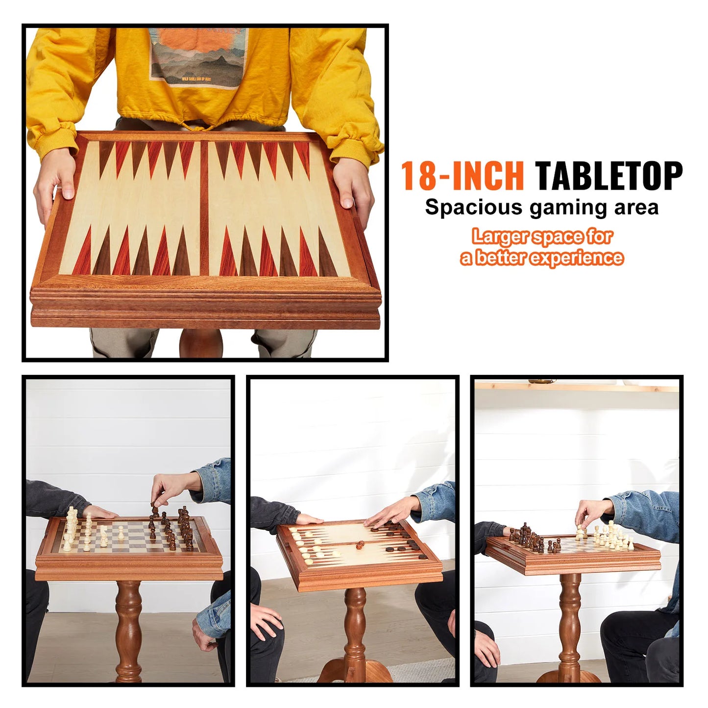 SucceBuy 18 Inch 3-IN-1 Chess Checkers Backgammon Table Set Premium Wooden Chess Table Deluxe Combo Game Table Furniture Set