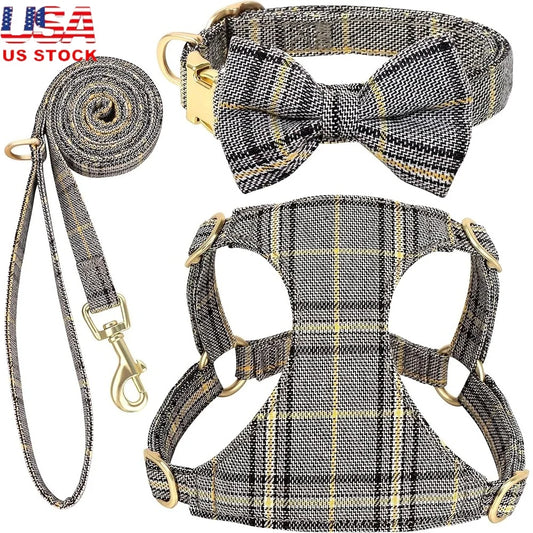 Cute Small Dog Harness Set Soft Plaid Collar Leash Bowtie