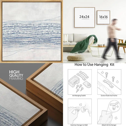 Framed Canvas Wall Art: Abstract Grunge Blue-Gray Industrial Lines and Shapes, Modern Decorative Art