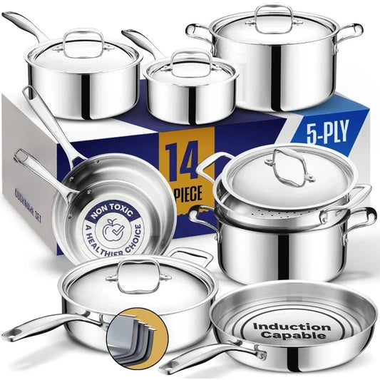 5 Ply Stainless Steel Pots and Pans Set | 14-Piece, Induction, Non-Toxic, Oven Safe | Best 18/8 Full Clad