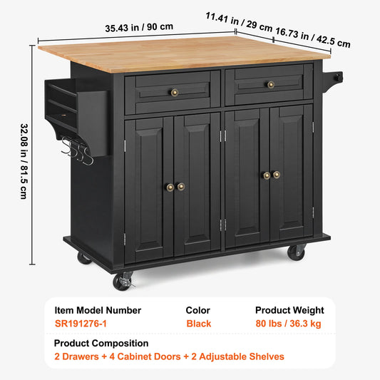 SucceBuy 43" Kitchen Island Cart Wood Top Mobile Carts with Storage Cabinet Rolling Table with Drop Leaf Spice Rack Towel Bar