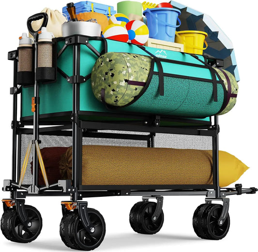 Foldable 50''L Extra Long Double Decker Wagon for Sport 400L Collapsible Heavy Duty Wagon Cart with Big Wheels Utility All Terra