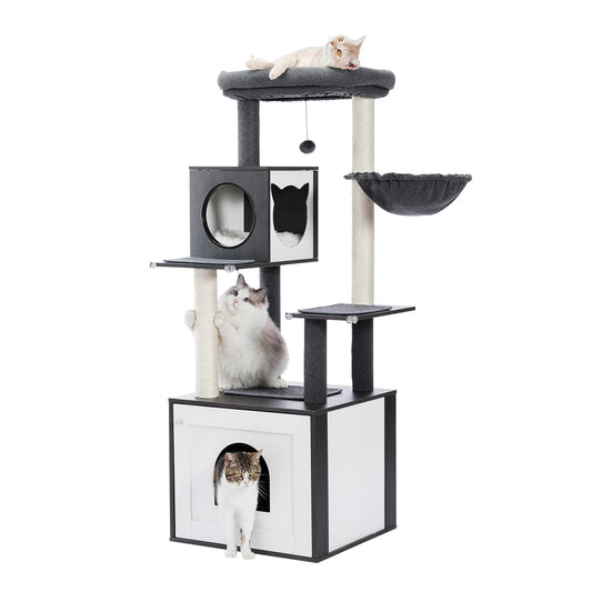 Large Wood Cat Tree With Litter Box Enclosure And Storage