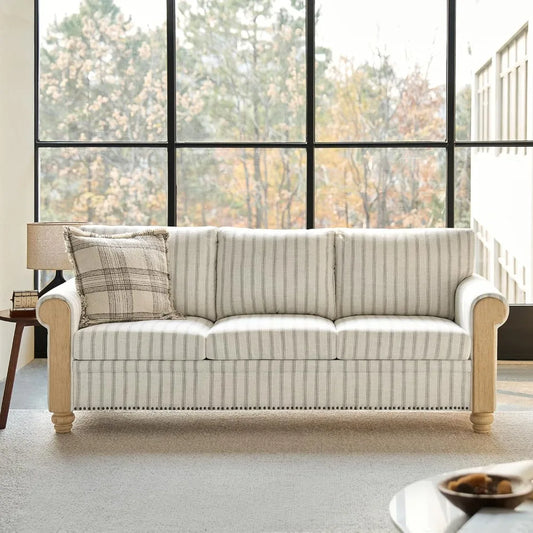 81" 3 Seater Sofa with Stripe Pattern, Farmhouse Couch with Rolled Wide Armrests and Rubber Wood Legs, Comfy Upholstered Sofa f
