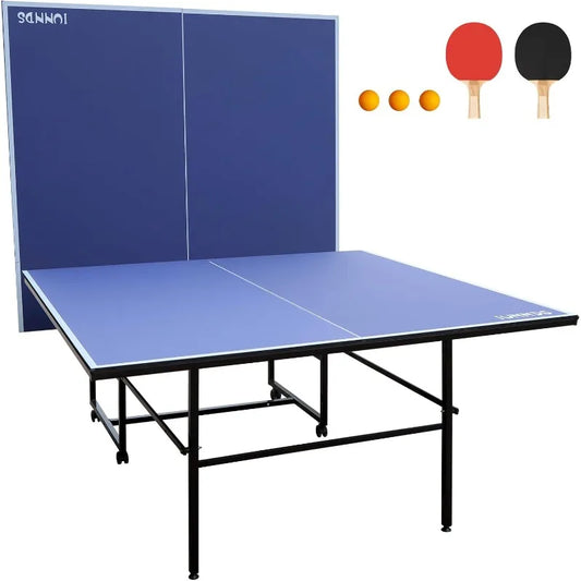 Folding Rolling Table Tennis Table Regulation Ping Pong Table with 2 Paddles 2 Balls 1 Net and Post Set Fold-Up Design