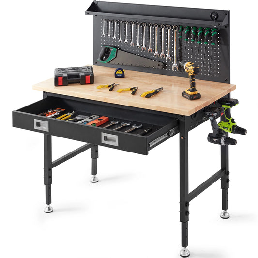 SucceBuy 2000lbs Hardwood Workbench Oak Plank Garage Work Table Carbon Steel with 3m Cable 30 Hooks for Garage Office Workshop