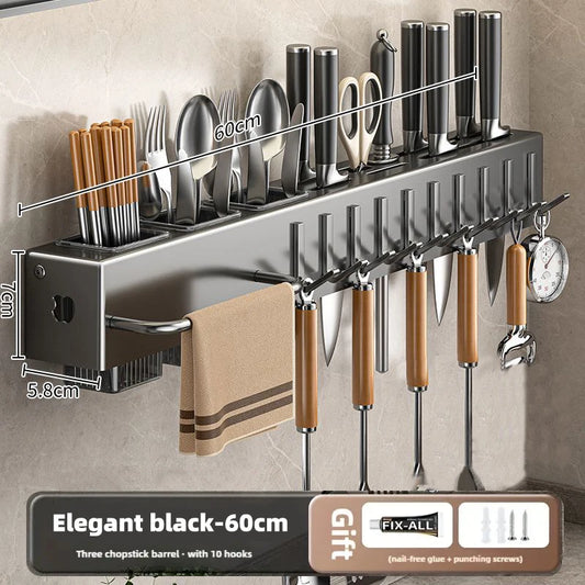 Multinational Kitchen Rack Knife Holder Wall-Mounted Knives Chopstick And Spoon Storage Rack Punch-Free Cookware Draining Rack