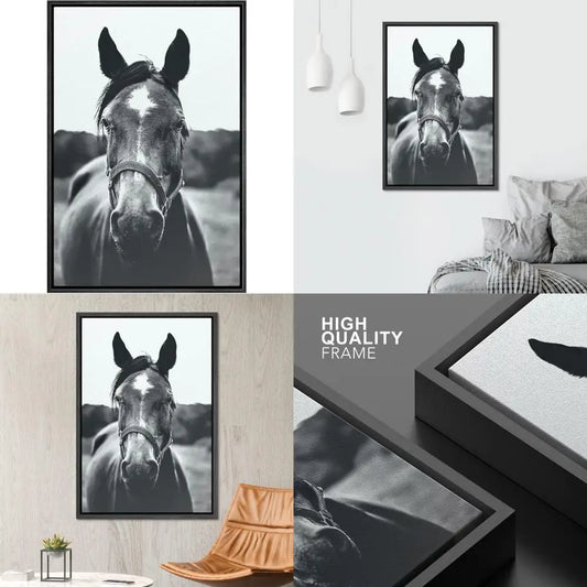 Equine Elegance: High Contrast Black and White Canvas Art, Grey Horse for Living Room Decor