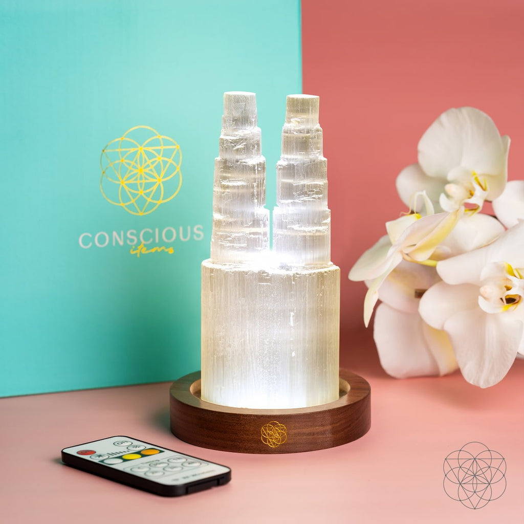 Selenite Twin-Tower Lamp Ambient Glow | Conscious Items