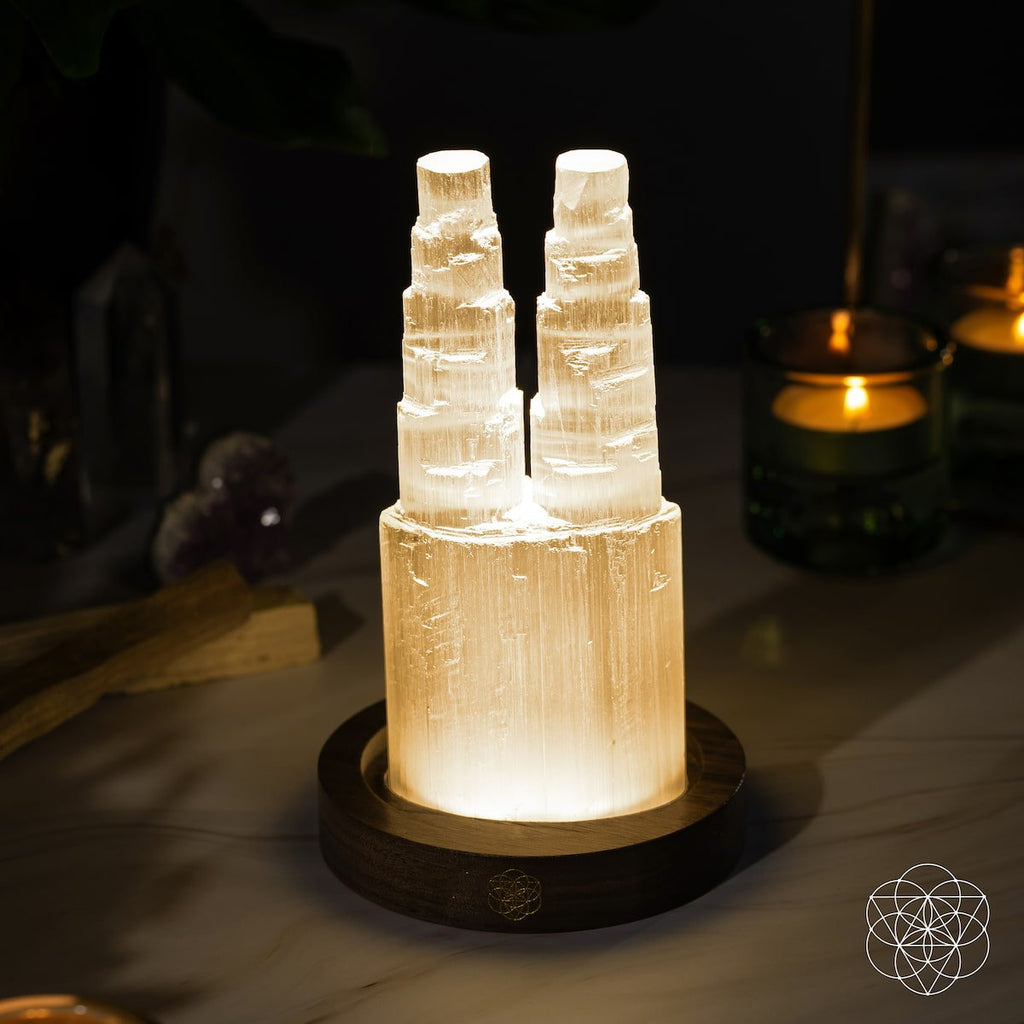 Selenite Twin-Tower Lamp Ambient Glow | Conscious Items