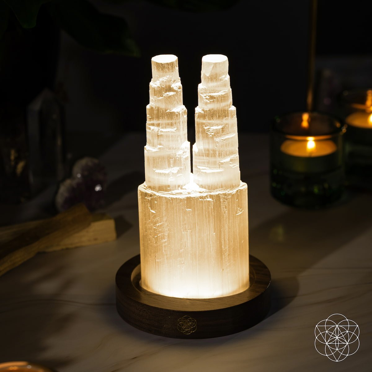 Selenite Twin-Tower Lamp Ambient Glow | Conscious Items