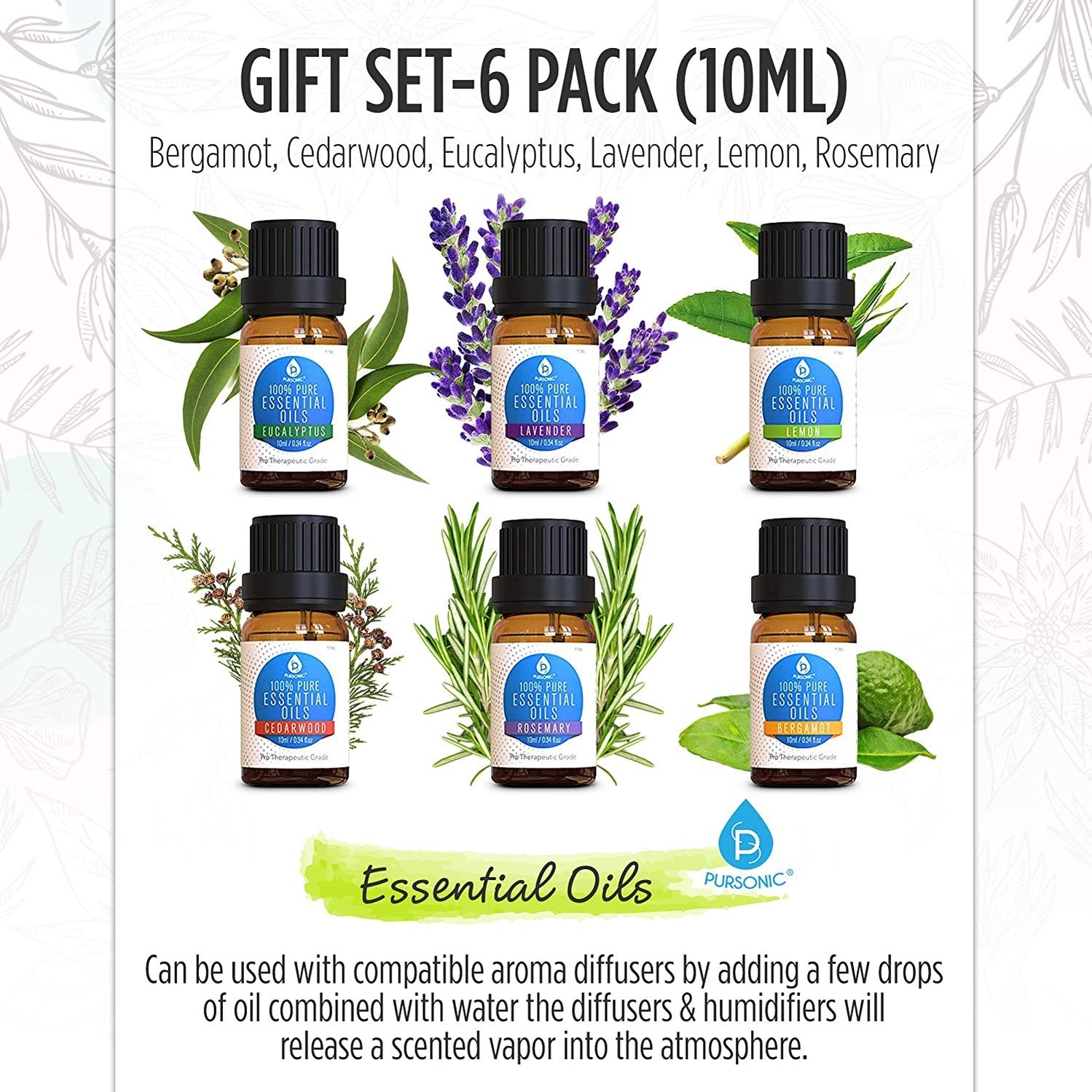Six-Pack Pure Essential Oils Kit Assorted | DC-PURSONIC