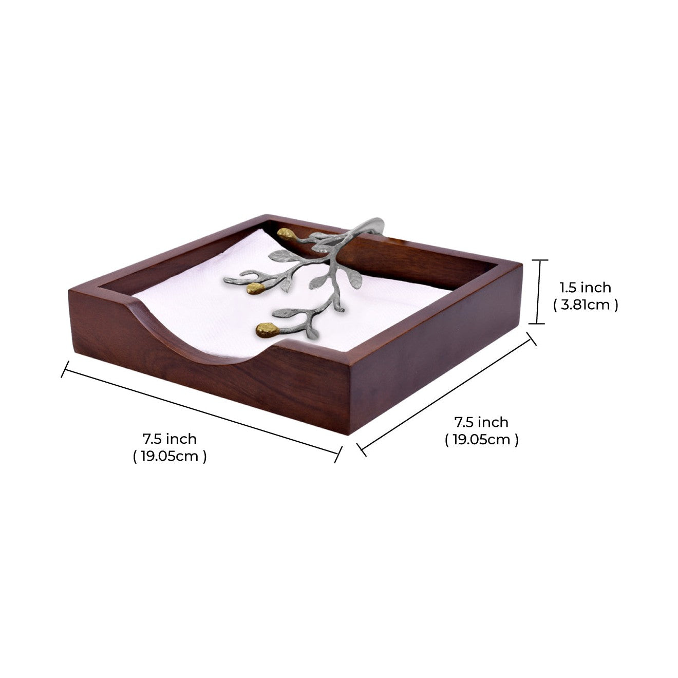 Solid Wood Napkin Holder with Silver and Gold Finish Ornament