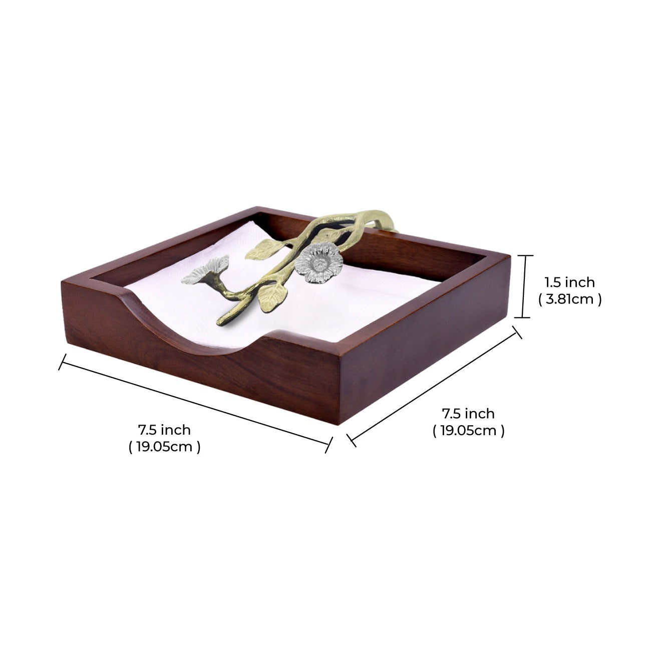 Solid Wood Napkin Holder with Silver and Gold Finish Ornament
