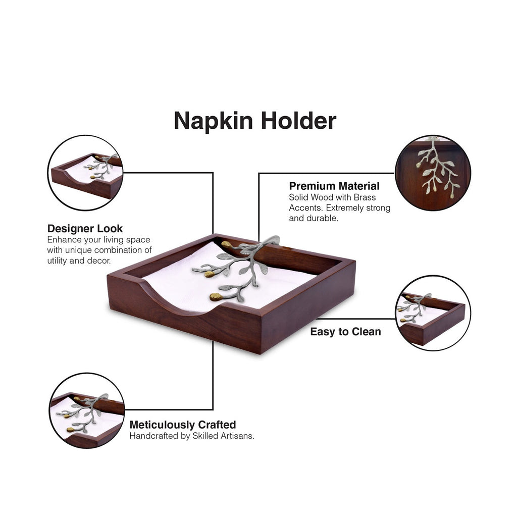 Solid Wood Napkin Holder with Silver and Gold Finish Ornament