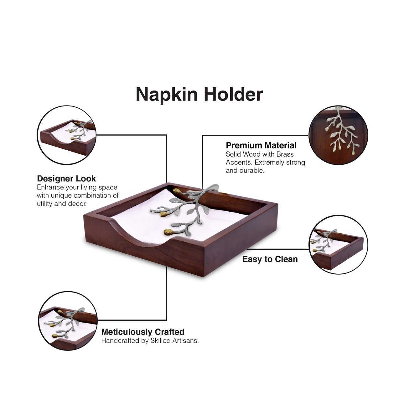 Solid Wood Napkin Holder with Silver and Gold Finish Ornament