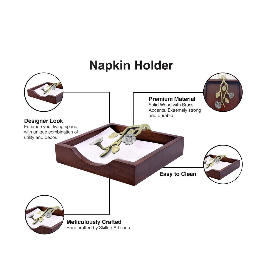Solid Wood Napkin Holder with Silver and Gold Finish Ornament