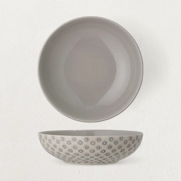 Stoneware Bowl with Grey Hand-Stamped Pattern