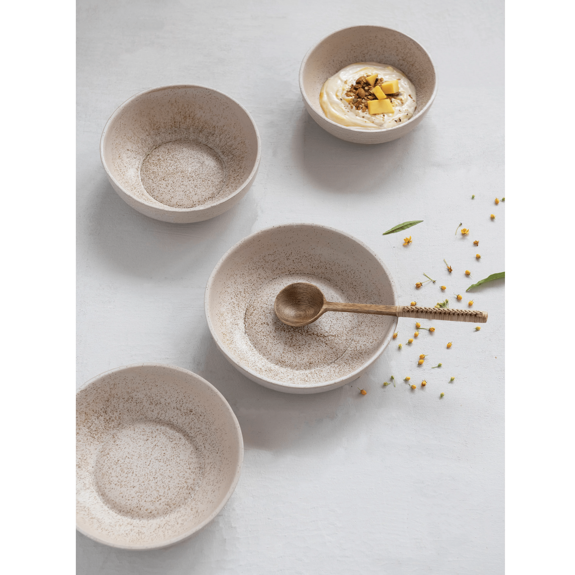 Stoneware Bowl with Reactive Glaze, Speckled Cream Color