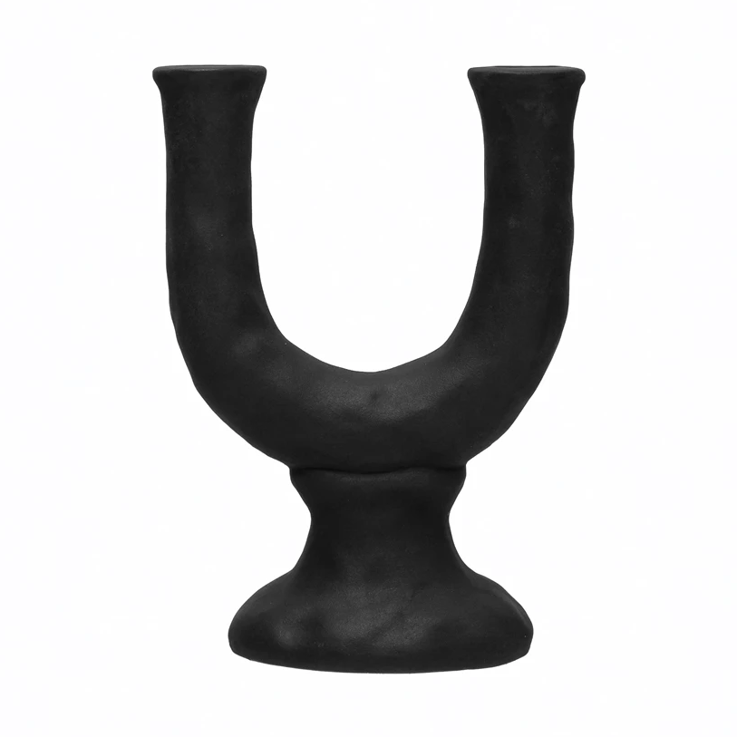 Stoneware Double Taper Candle Holder in Chocolate