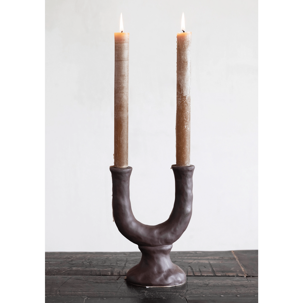 Stoneware Double Taper Candle Holder in Chocolate