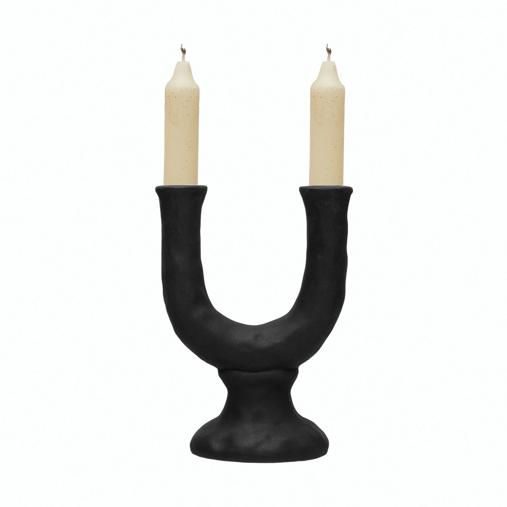Stoneware Double Taper Candle Holder in Chocolate