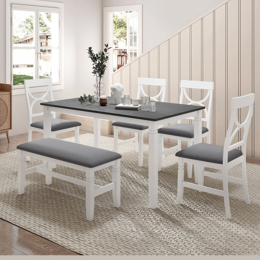 TOPMAX 6-Piece Wood Dining Table Set Kitchen Table Set with Upholstered Bench and 4 Dining Chairs, Farmhouse Style,Gray+White old sku: SP000003AAK