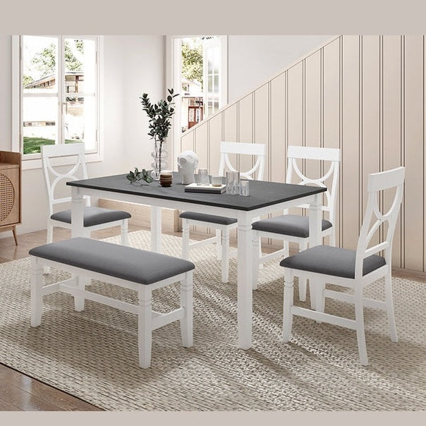 TOPMAX 6-Piece Wood Dining Table Set Kitchen Table Set with Upholstered Bench and 4 Dining Chairs, Farmhouse Style,Gray+White old sku: SP000003AAK