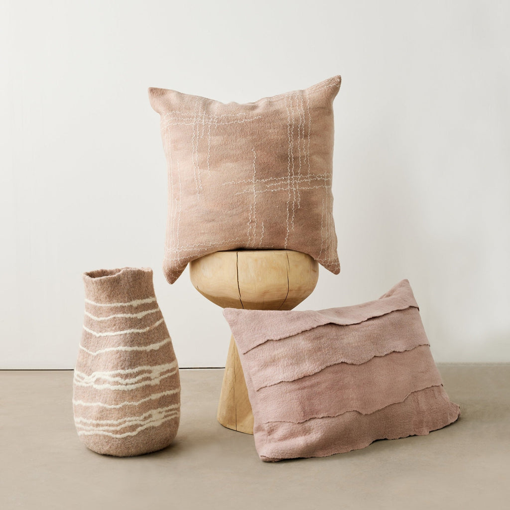 Tribal Lines Dusty Rose Pink Wool Gourd Basket