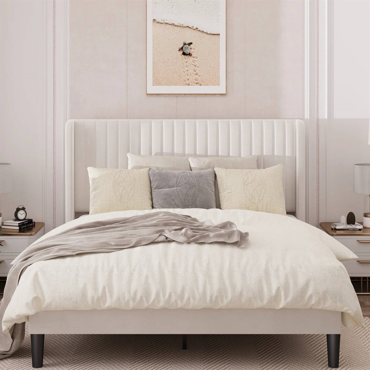 Velvet Upholstered Platform Bed Wingback Headboard | HomePacific