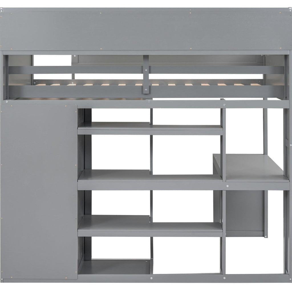 Wood Twin Size Loft bed with Multiple Storage Shelves and Wardrobe, Gray