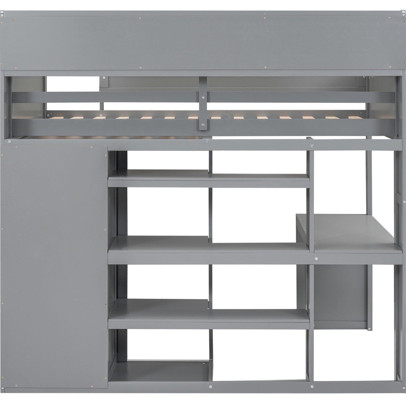 Wood Twin Size Loft bed with Multiple Storage Shelves and Wardrobe, Gray