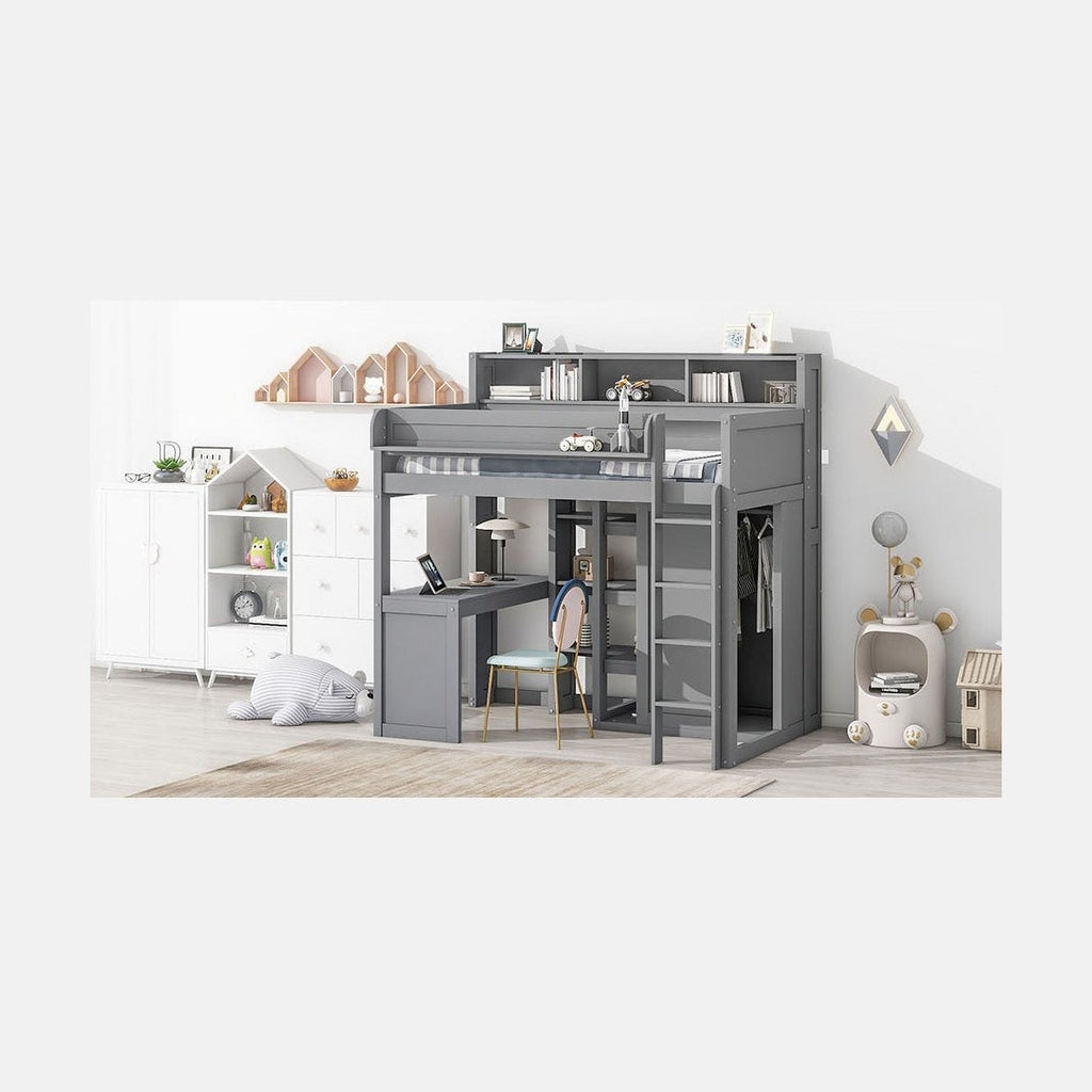 Wood Twin Size Loft bed with Multiple Storage Shelves and Wardrobe, Gray
