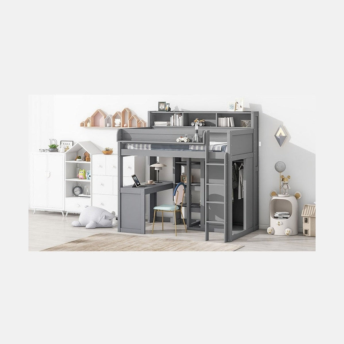Wood Twin Size Loft bed with Multiple Storage Shelves and Wardrobe, Gray