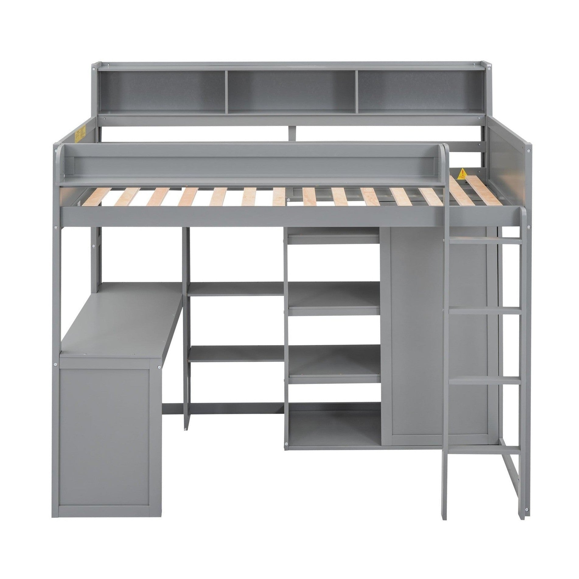 Wood Twin Size Loft bed with Multiple Storage Shelves and Wardrobe, Gray