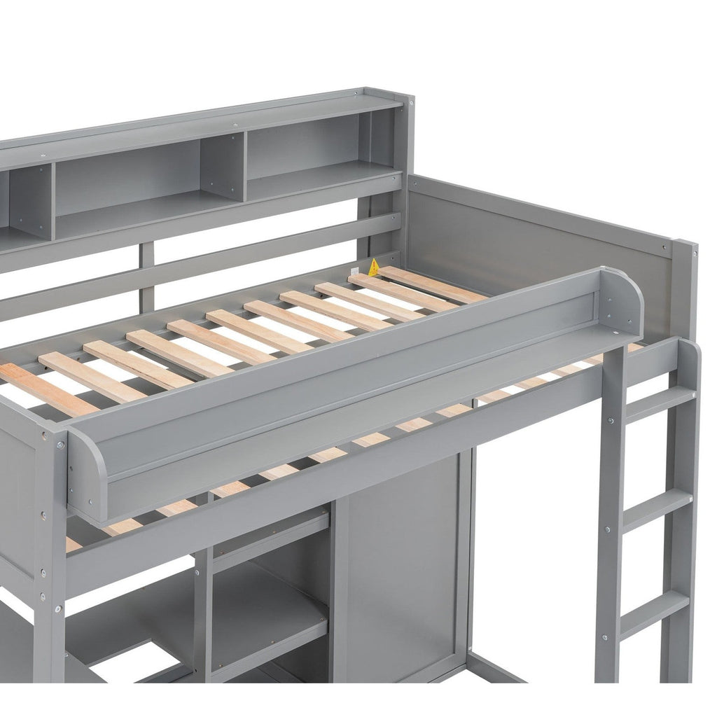 Wood Twin Size Loft bed with Multiple Storage Shelves and Wardrobe, Gray